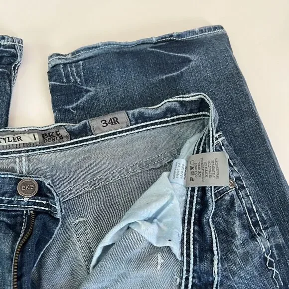 BKE Tyler Jeans Size 34R Men Straight Fit Distressed Medium Wash Blue Denim - Picture 4 of 7